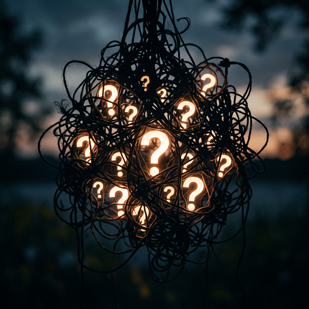 Cluster of glowing question marks intertwined in a spherical shape